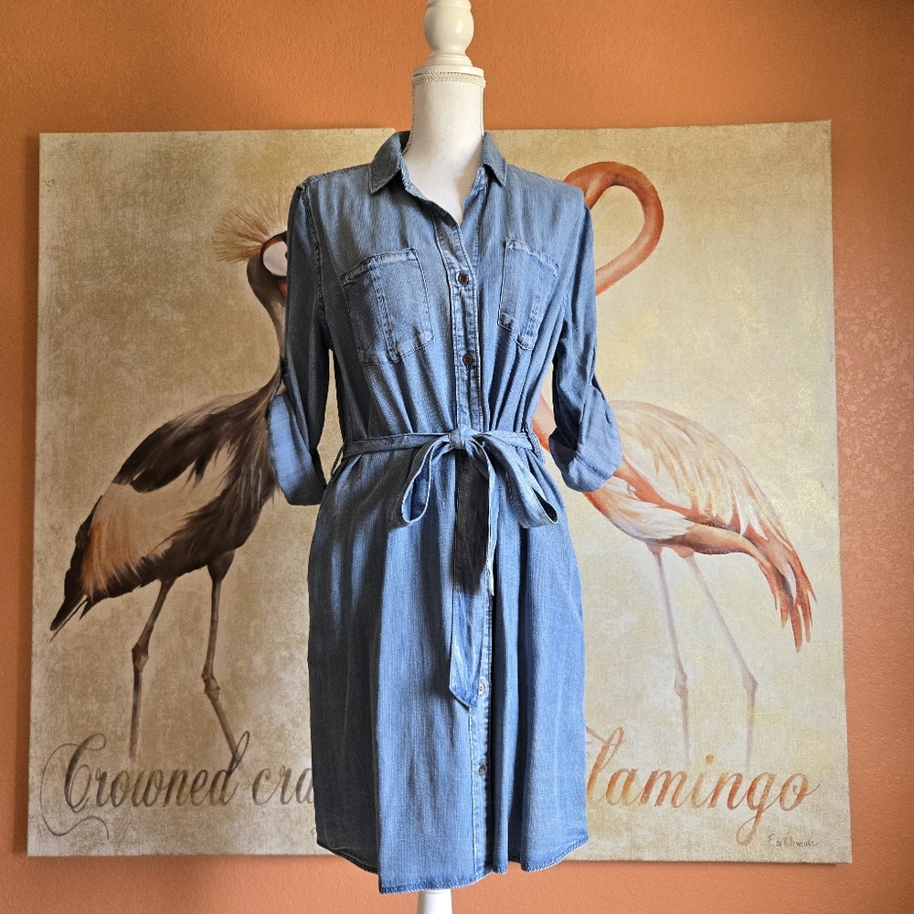 NWOT Velvet Heart Tencel Mini Shirt Dress Long Sleeve Large Blue Denim Pockets
